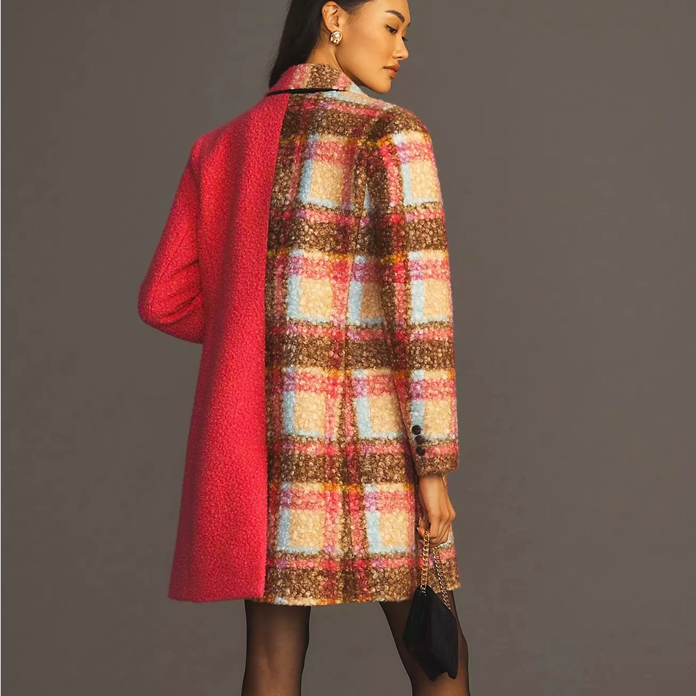 Anthropologie NVLT Plaid Houndstooth Fuchsia Pink Pea Coat Jacket XS 0 2 NWT 💖 - Picture 12 of 13